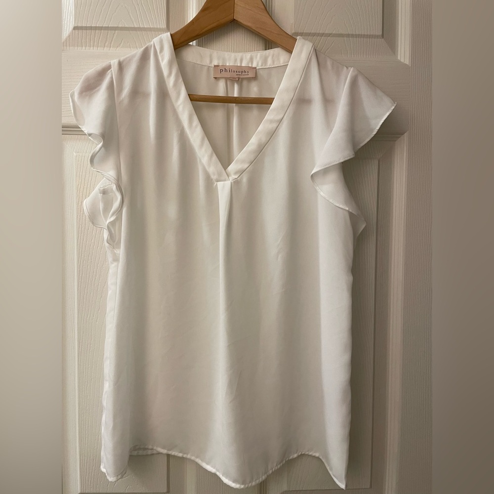 Philosophy Winter White Short Sleeve Blouse V Neck, SMALL Polyester
